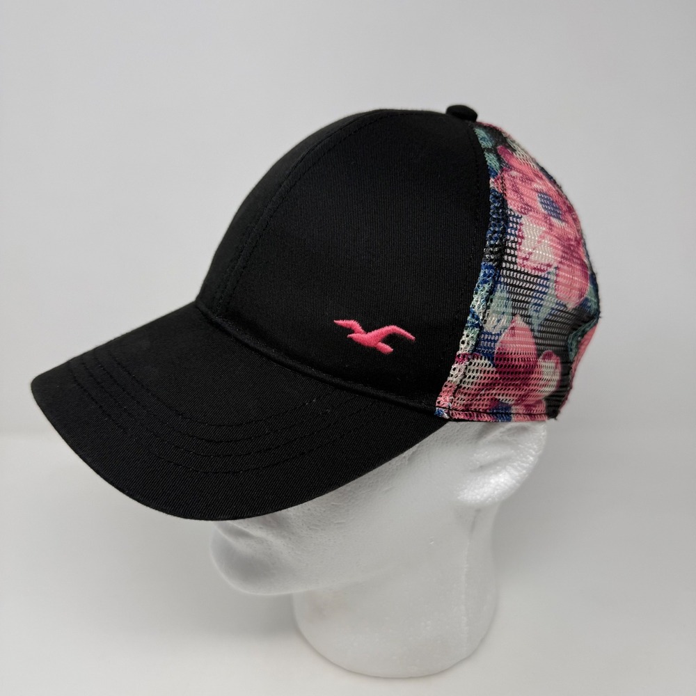 Hollister Women Black Floral Mesh Trucker Hat‎ Pink Seagull Logo Snapback Cap
